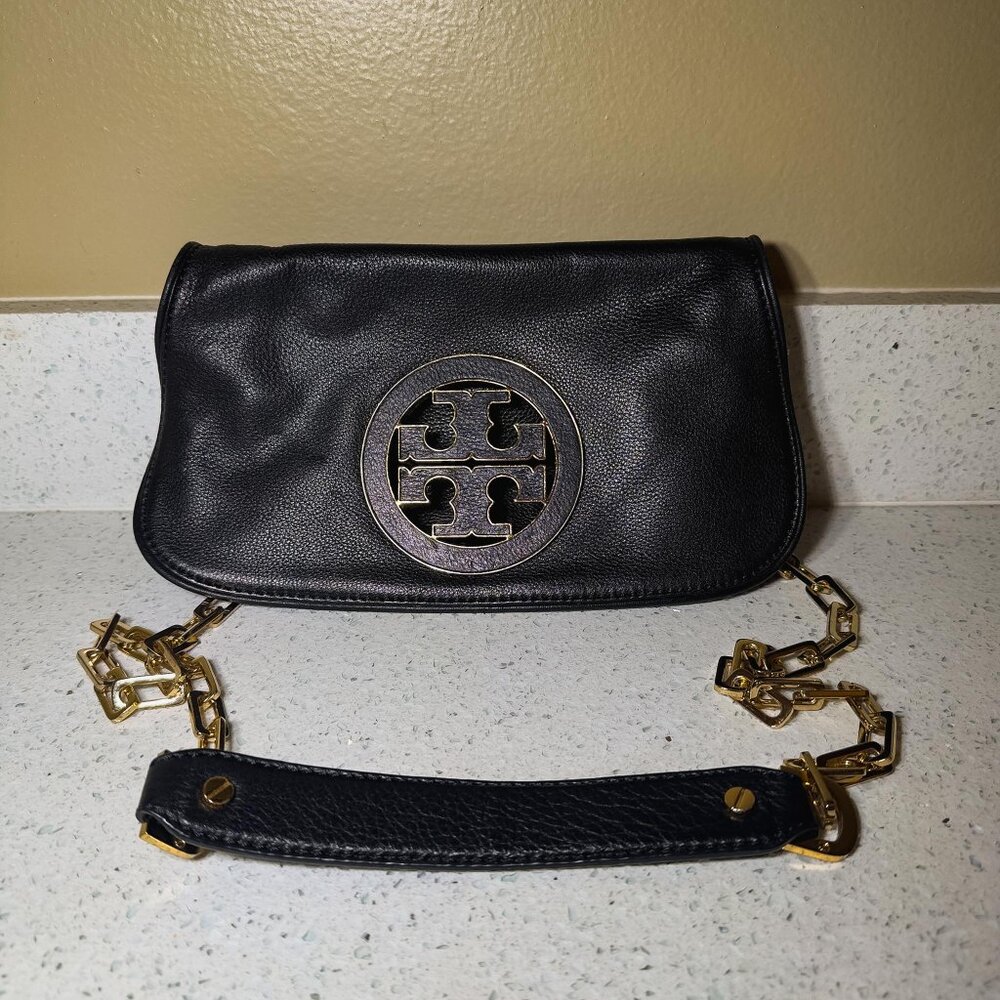 TORY BURCH Reva Amanda Leather Clutch with Gold Chain Crossbody - Black
